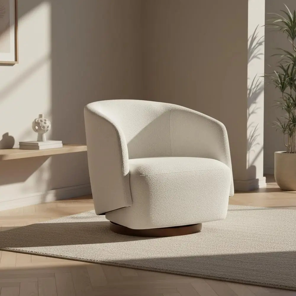 Boucle Swivel Accent Chair, No Assembly Upholstered Armchair with Rubberwood Base, 360 Rotating Barrel Chair for Living Room, B