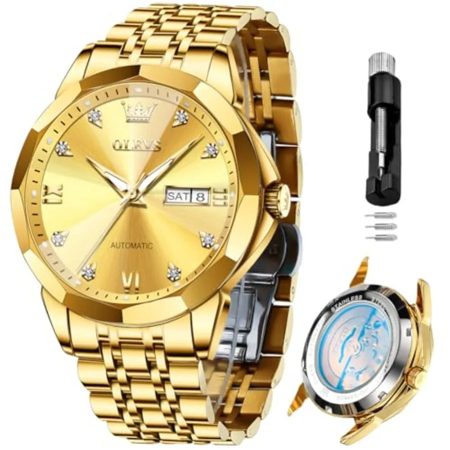 OLEVS Men Automatic Business Luxury Diamond Self Winding Watch for Men Stainless Steel Calendar Wrist Watch