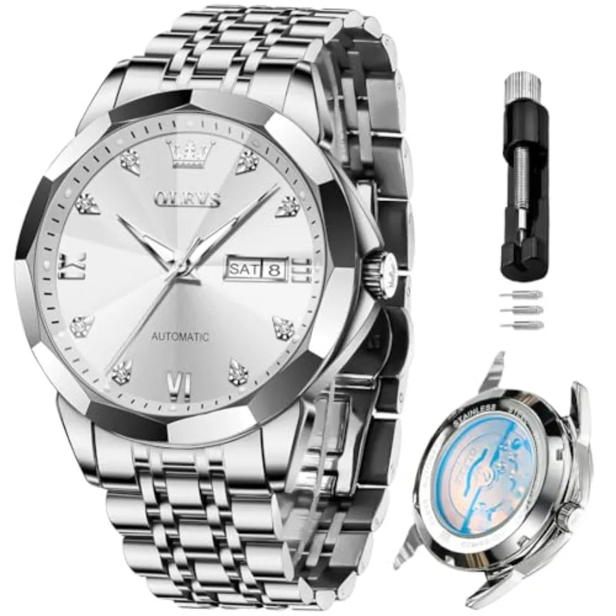 OLEVS Men Automatic Business Luxury Diamond Self Winding Watch for Men Stainless Steel Calendar Wrist Watch