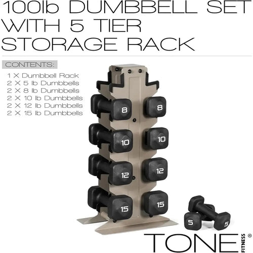 Adjustable Non-Slip Dumbbells with Storage - 20 to 100 lb Weights for Home Gym