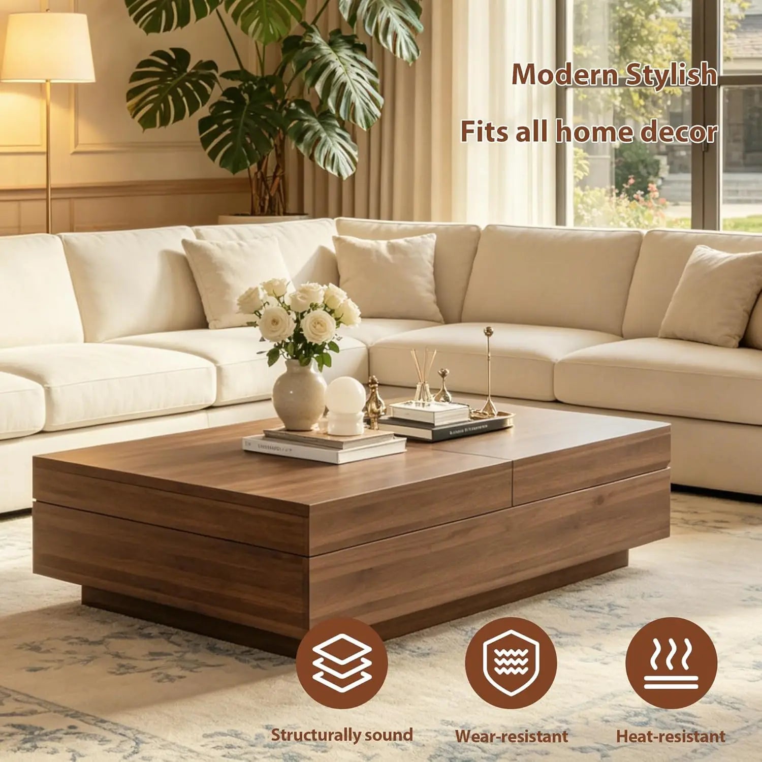 Mid-Century Expandable Lift-Top Coffee Table Hidden Storage Walnut Wood Living Room 47-82", Customized