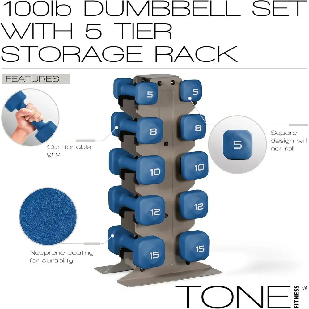Adjustable Non-Slip Dumbbells with Storage - 20 to 100 lb Weights for Home Gym
