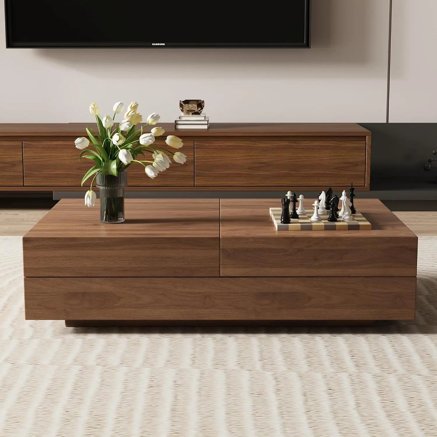 Expandable Coffee Table with Storage Adjustable 47.2"-81.9" Mid-Century Center Table Living Room Walnut Wood Customized