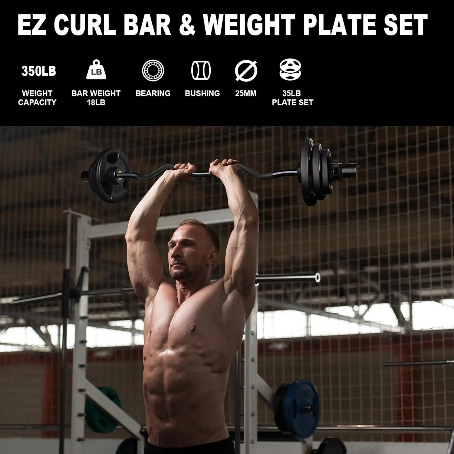 EZ Curl Bar Weight Set, 2 Inch Barbell with Plates for Strength Training, Olympic Lifting, 350lbs Capacity