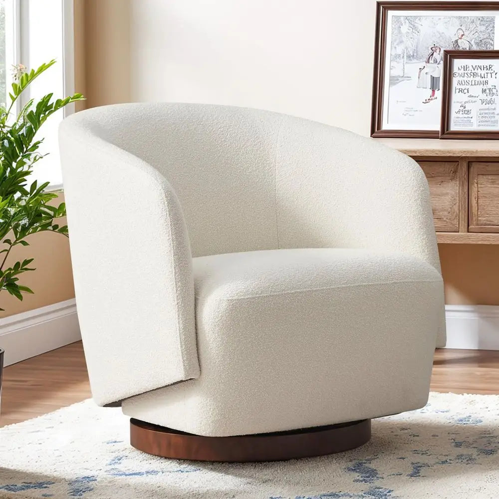 Boucle Swivel Accent Chair, No Assembly Upholstered Armchair with Rubberwood Base, 360 Rotating Barrel Chair for Living Room, B