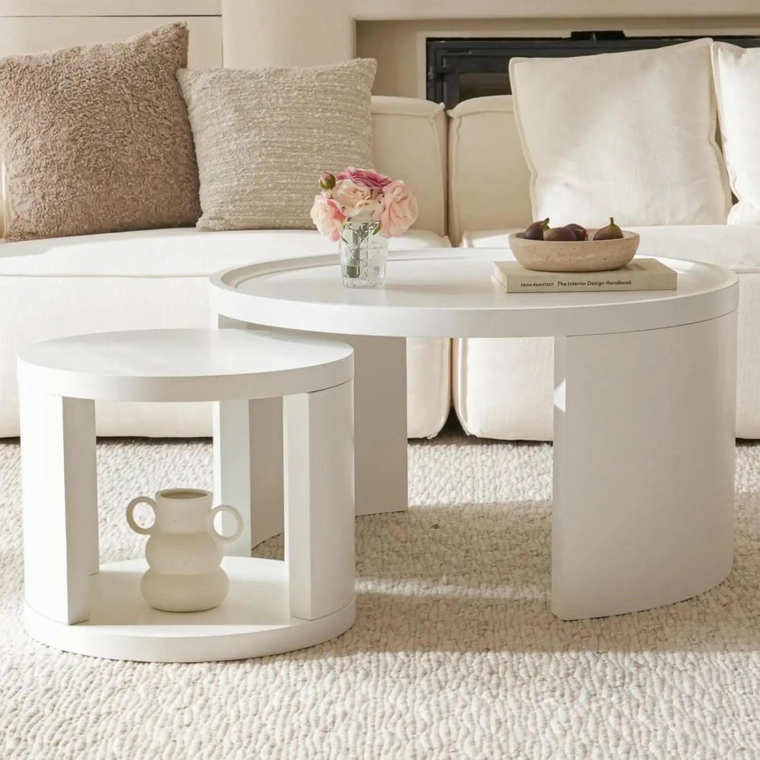 Round Nesting Coffee Table Set of 2, Brown Coffee Table, 31.5" Large & 18" Small Low Tables with Wood Top, Center, Customized