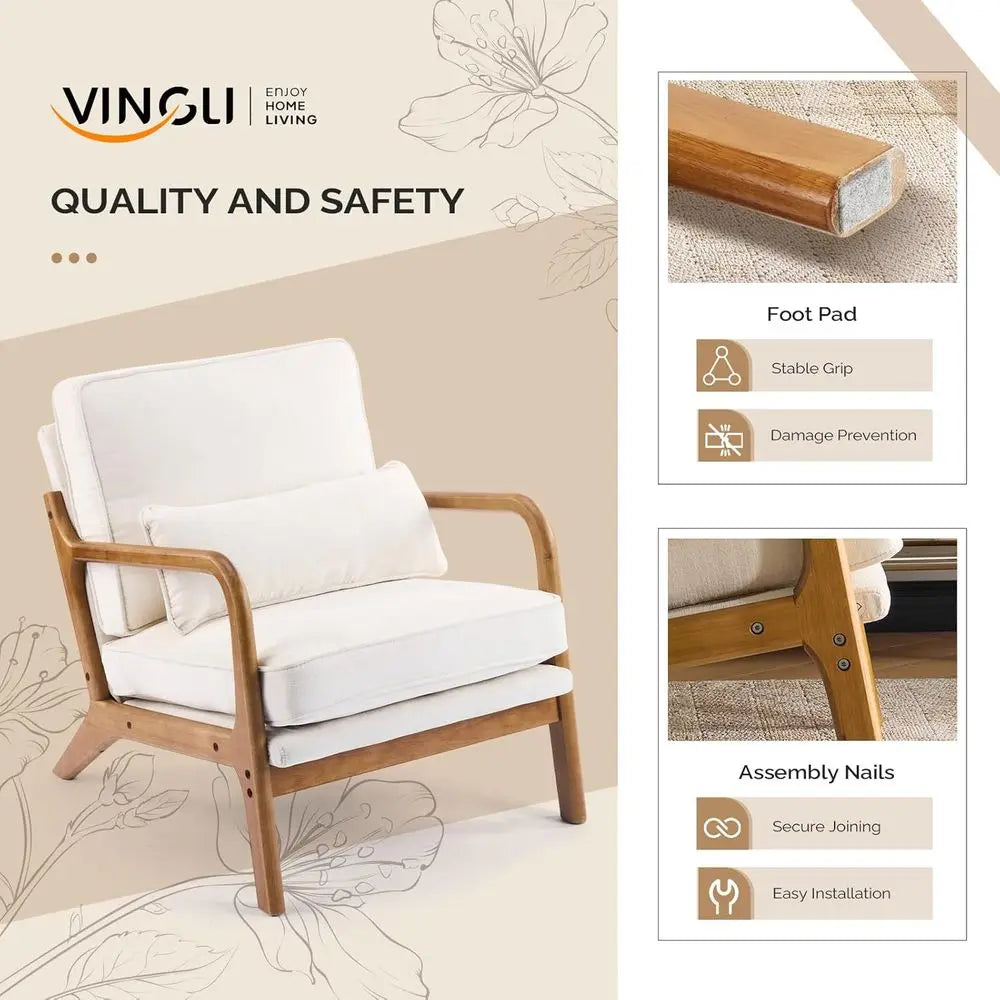 2-Piece Century Style Accent Chair Set with Cushion and Lumbar Pillow, Ideal for Living Room, Reading Nook, or Bedroom in Cream
