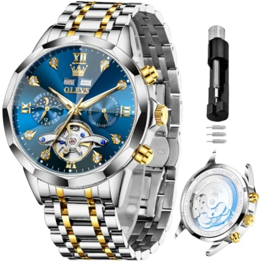 OLEVS Men Automatic Business Luxury Diamond Self Winding Watch for Men Stainless Steel Calendar Wrist Watch