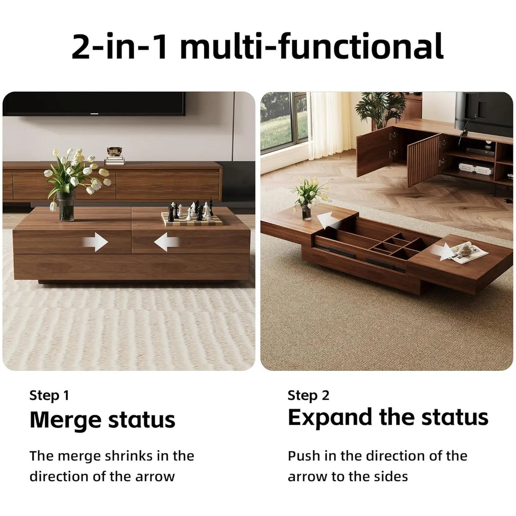 Expandable Coffee Table with Storage Adjustable 47.2"-81.9" Mid-Century Center Table Living Room Walnut Wood Customized