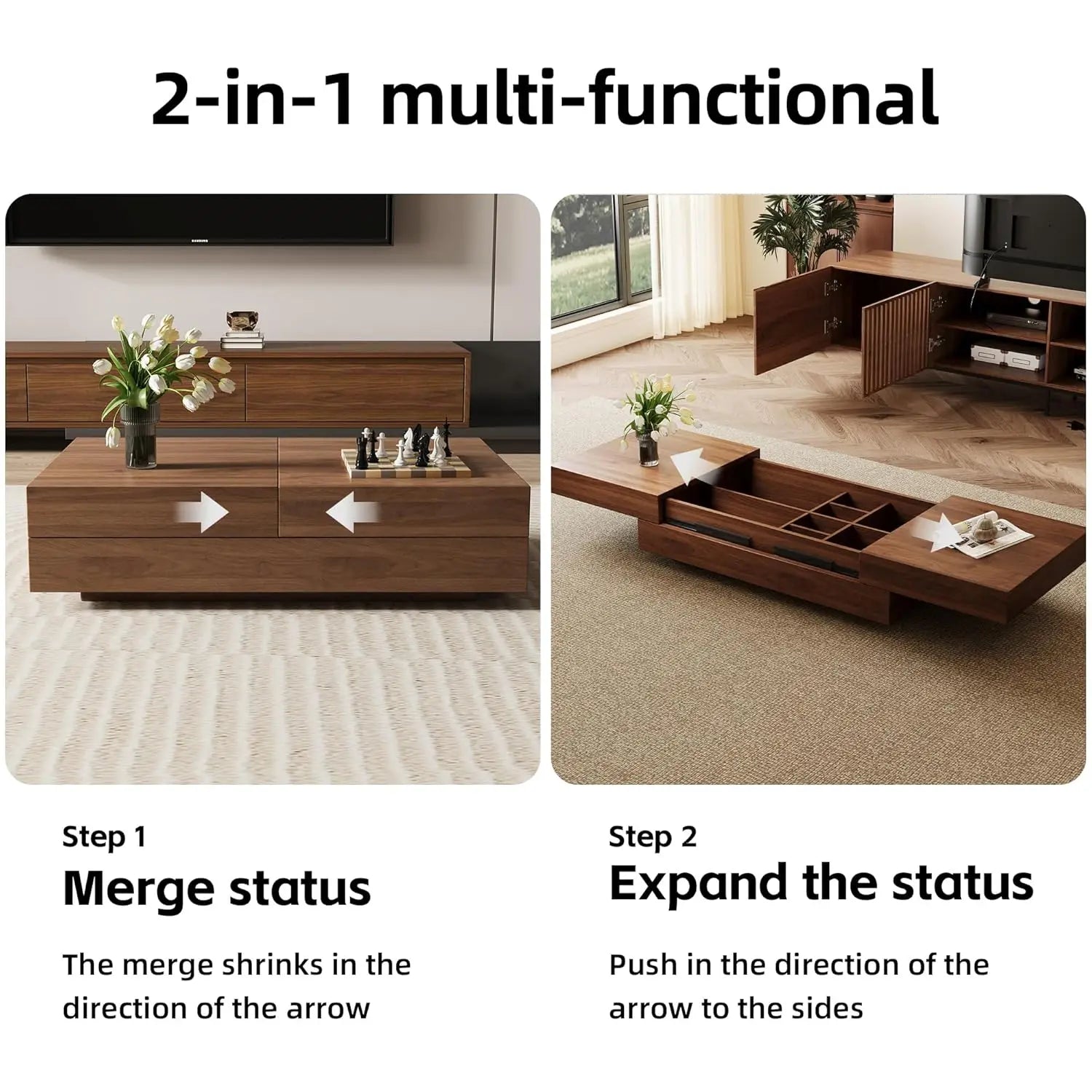 Expandable Coffee Table with Storage Adjustable 47.2"-81.9" Mid-Century Center Table Living Room Walnut Wood Customized