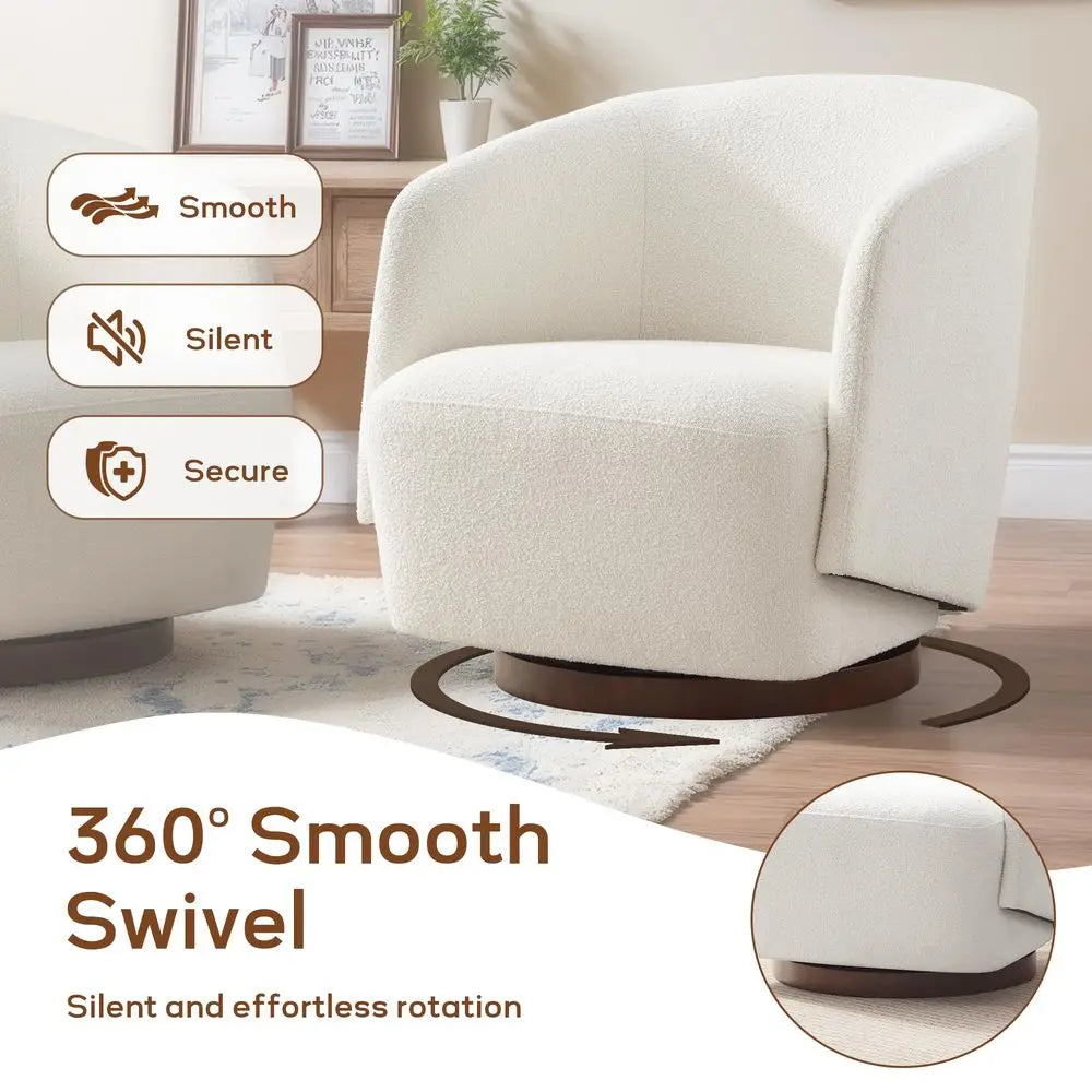 Boucle Swivel Accent Chair, No Assembly Upholstered Armchair with Rubberwood Base, 360 Rotating Barrel Chair for Living Room, B