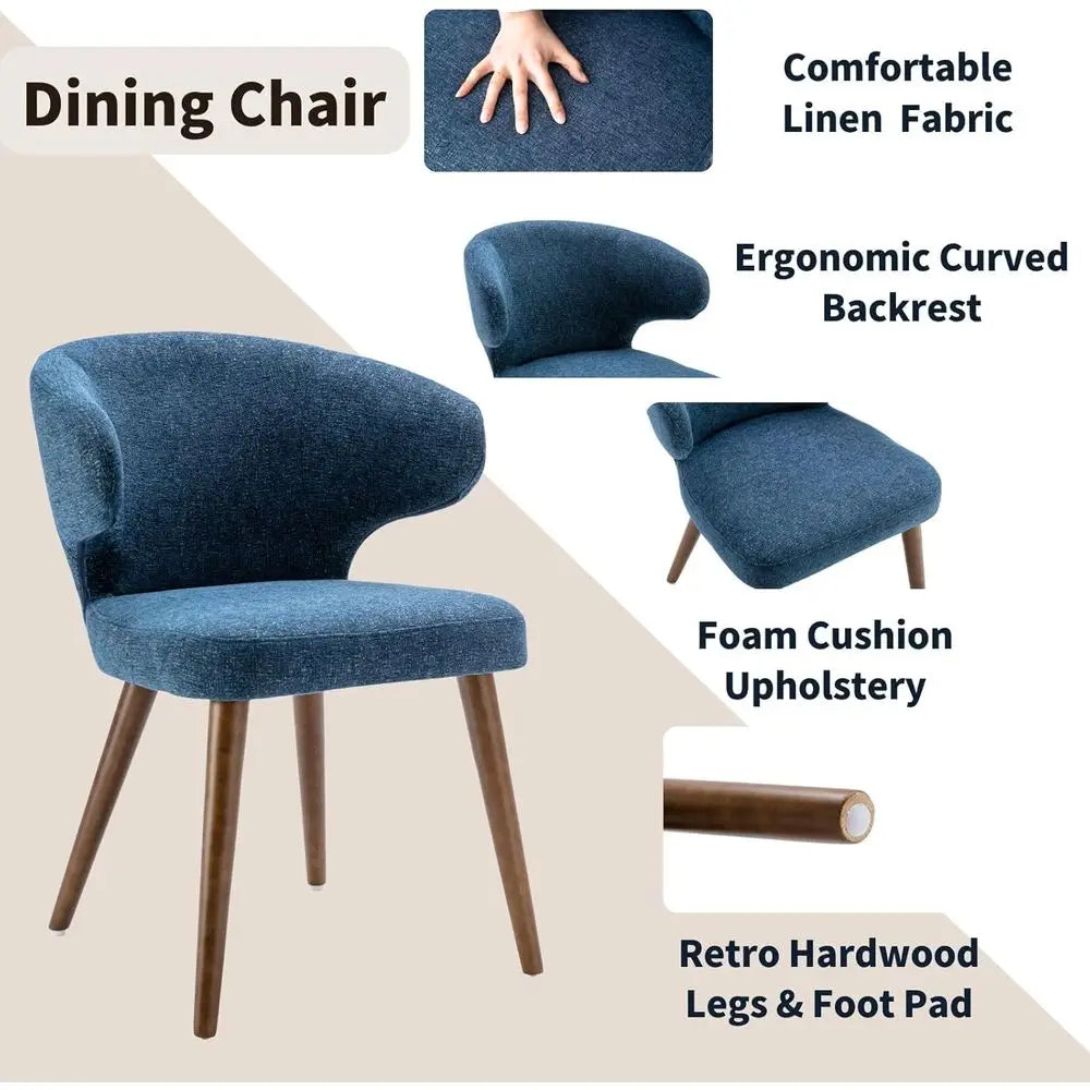 Upholstered Wingback Dining Chairs Set of 2, Navy Blue Linen Accent Chairs with Solid Wood Legs