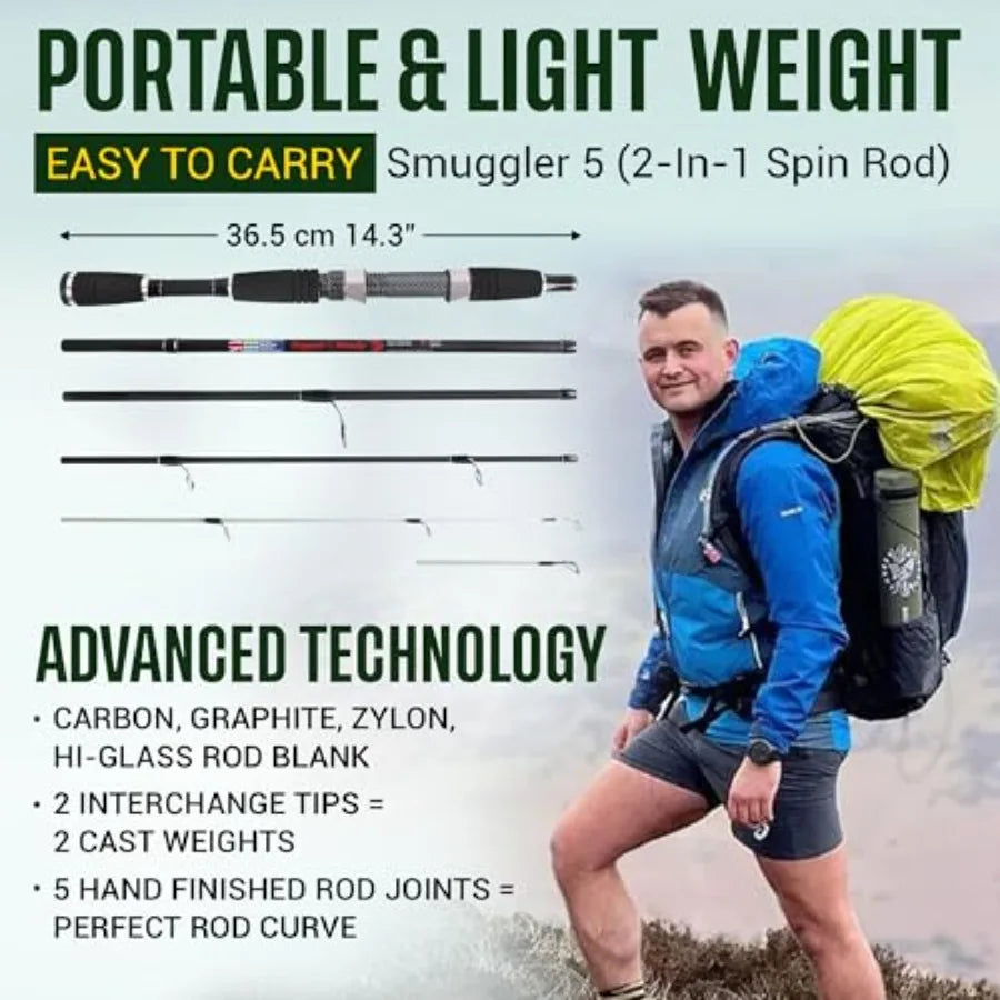 Rigged and Ready Smuggler Series™ Travel Fishing Rods. Super Compact, 1 Spinning Rod and Reel Combo, 4 Spin, 1 Casting Rod + Ca