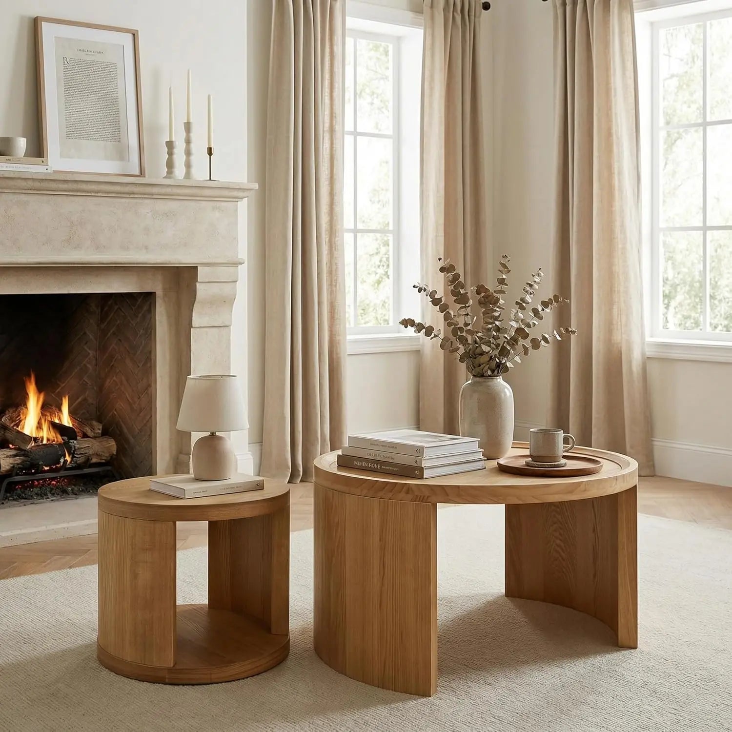 Round Nesting Coffee Table Set of 2, Brown Coffee Table, 31.5" Large & 18" Small Low Tables with Wood Top, Center, Customized
