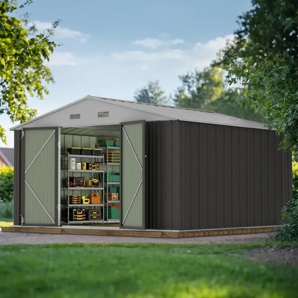 10 x 10 FT Outdoor Storage Shed, Large Metal Garden Shed & Tool Sheds for Backyard Garden Patio Lawn (Grey)