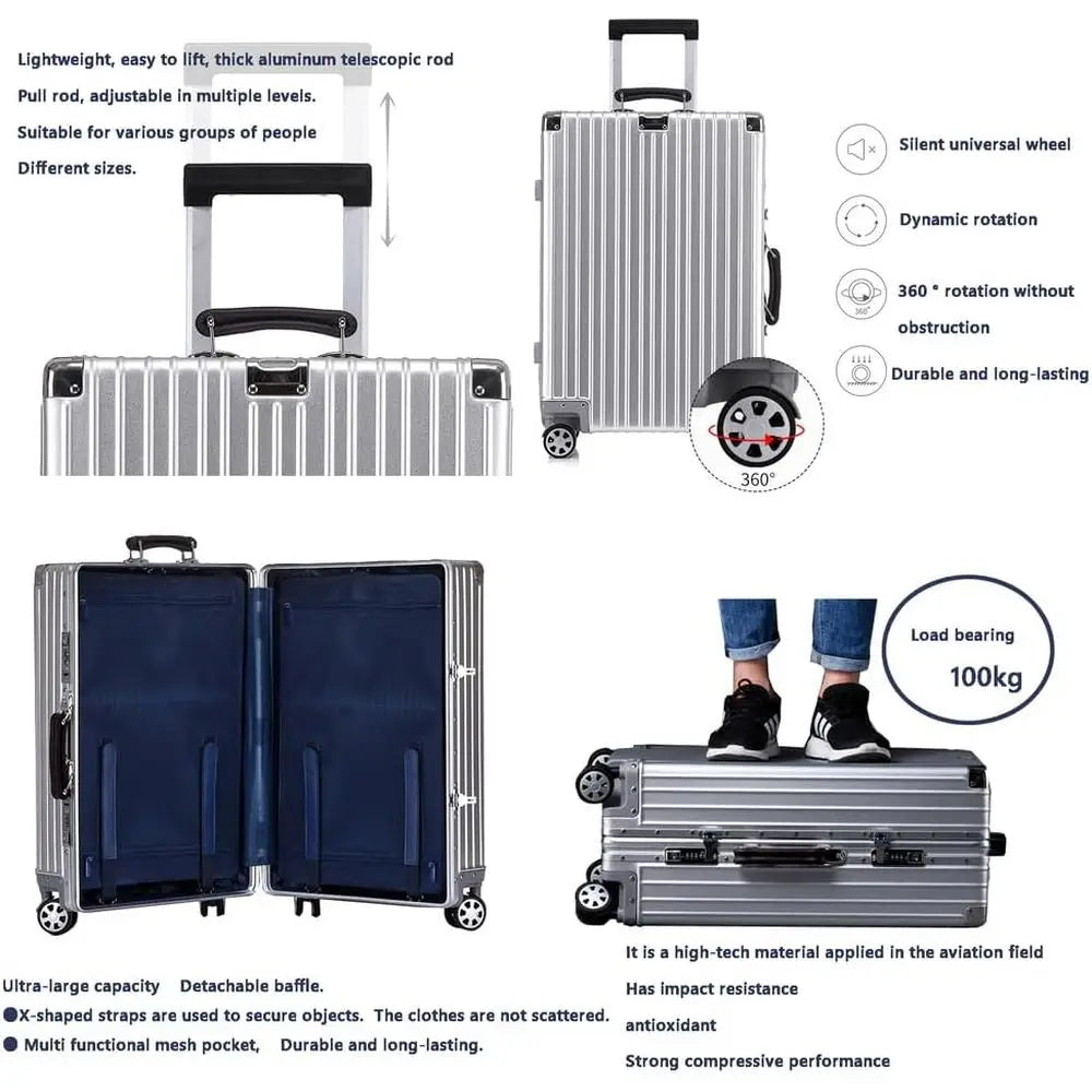 Large Silver Aluminum Cabin Luggage with Spinner Wheels and TSA Lock, 42.9 inches