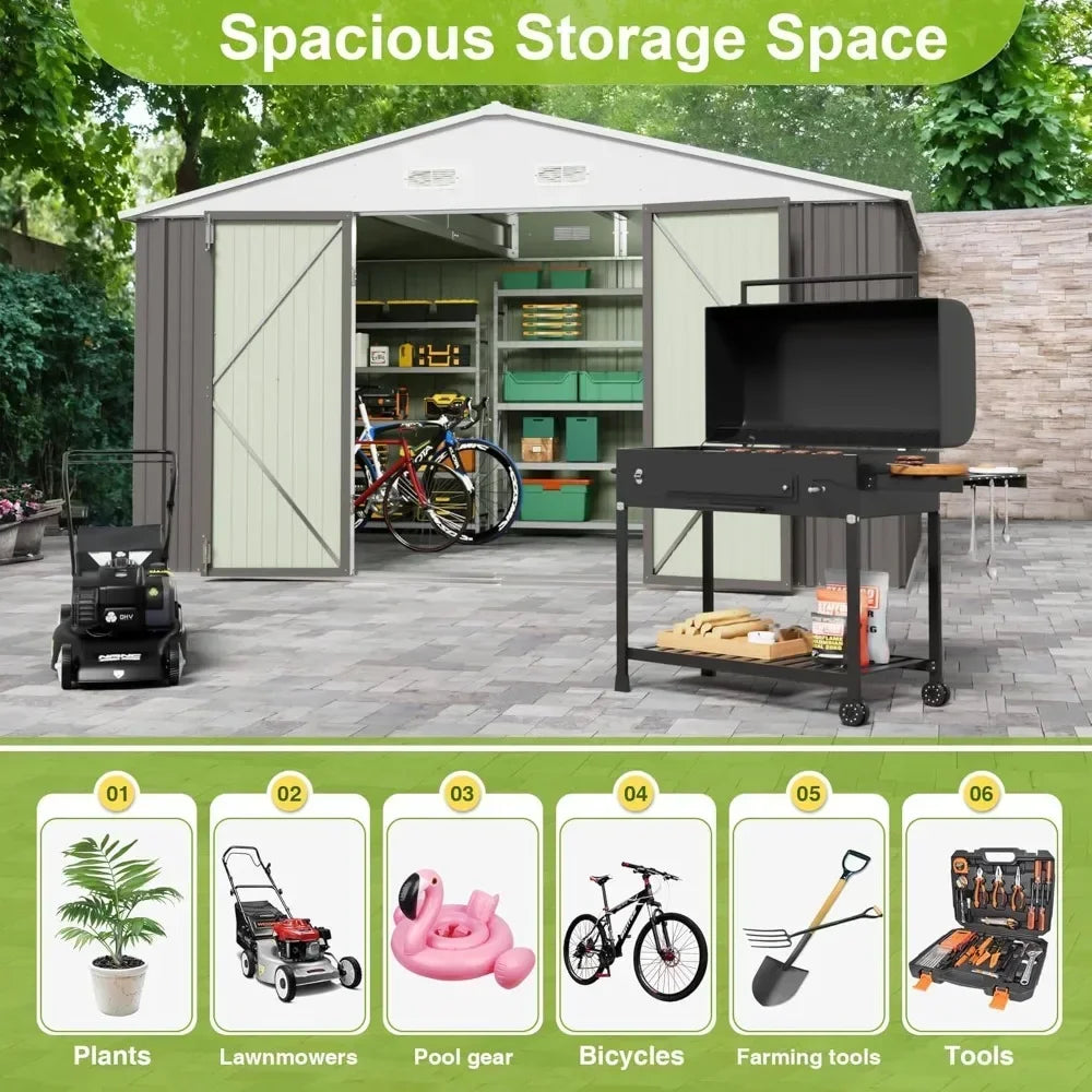 10 x 10 FT Outdoor Storage Shed, Large Metal Garden Shed & Tool Sheds for Backyard Garden Patio Lawn (Grey)