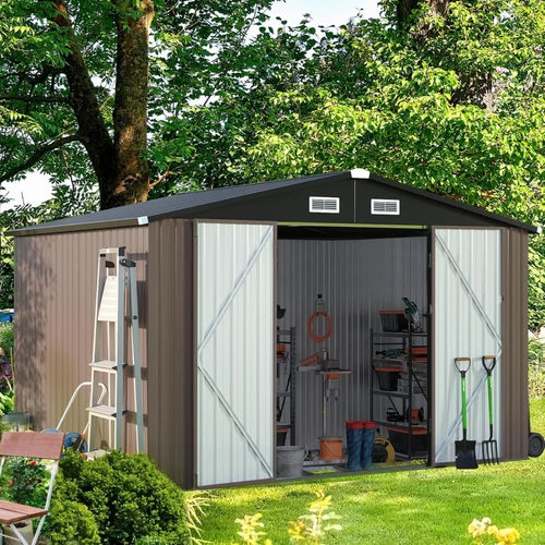 9.4x7.3x6.5 FT Outdoor Storage Shed, Garbage Can, Outdoor Metal Shed for Tool, Garden, Bike, Placed in Patio, Garden Brown Base