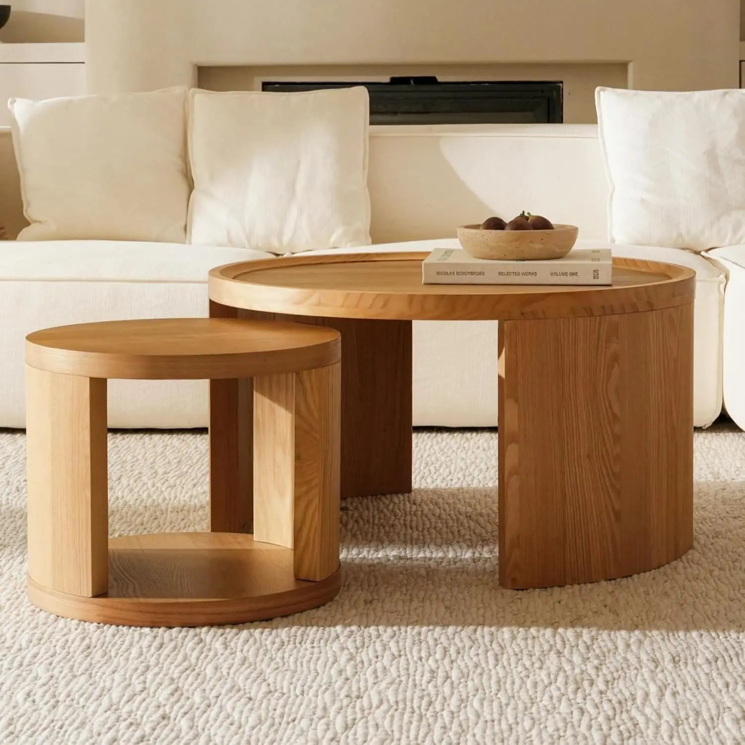 Round Nesting Coffee Table Set of 2, Brown Coffee Table, 31.5" Large & 18" Small Low Tables with Wood Top, Center, Customized